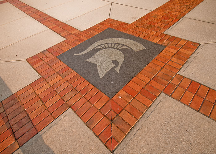 Image of a Spartan head logo in the middle of a brick crosswalk. 